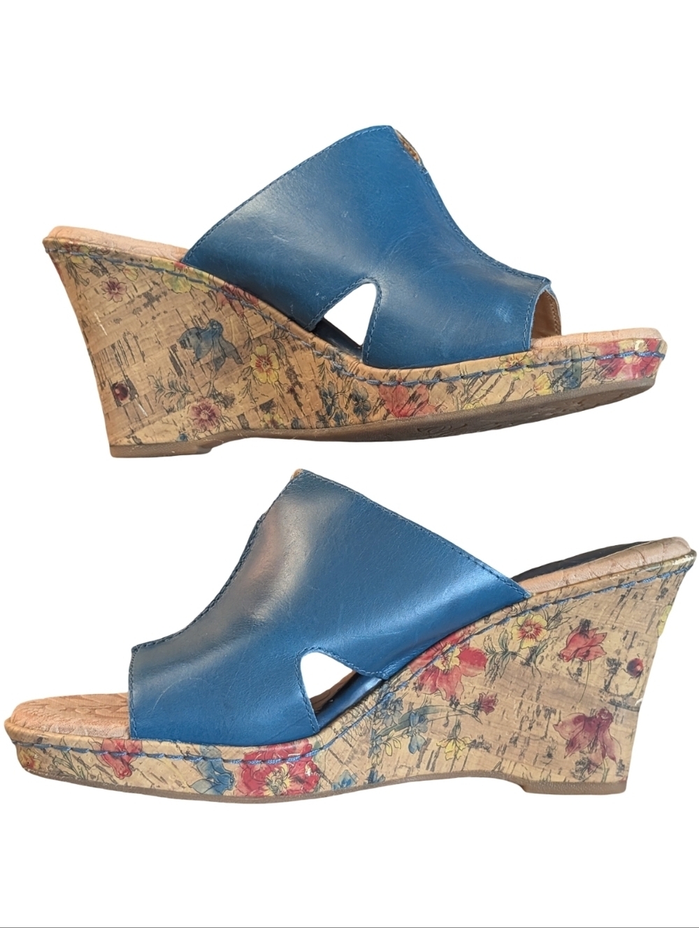 B.O.C. Blue Leather Floral Cork Wedge Mules 9